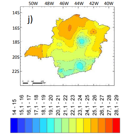 Mapa das temperaturas médias anuais em Minas Gerais.