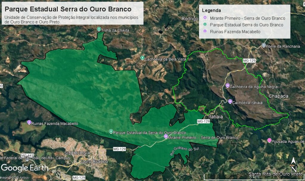 Mapa com a localização do Parque Estadual Serra do Ouro Branco.