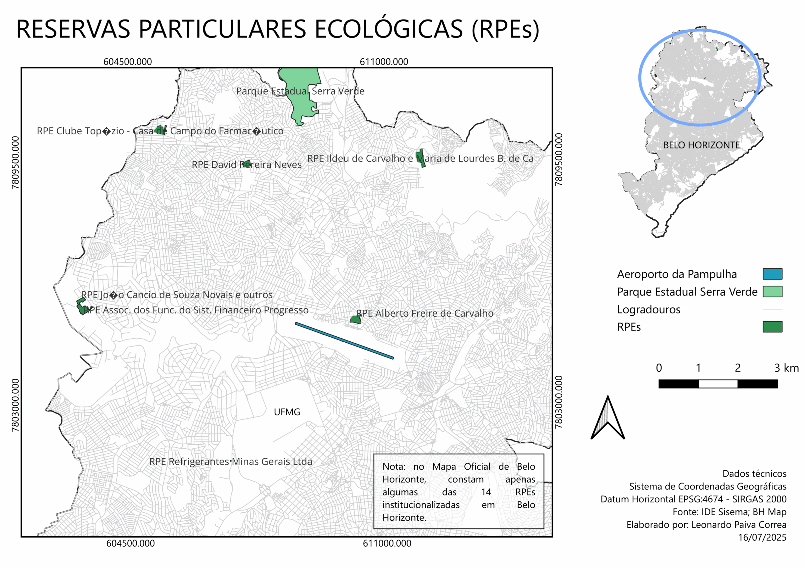 Mapa com algumas RPEs de Belo Horizonte.