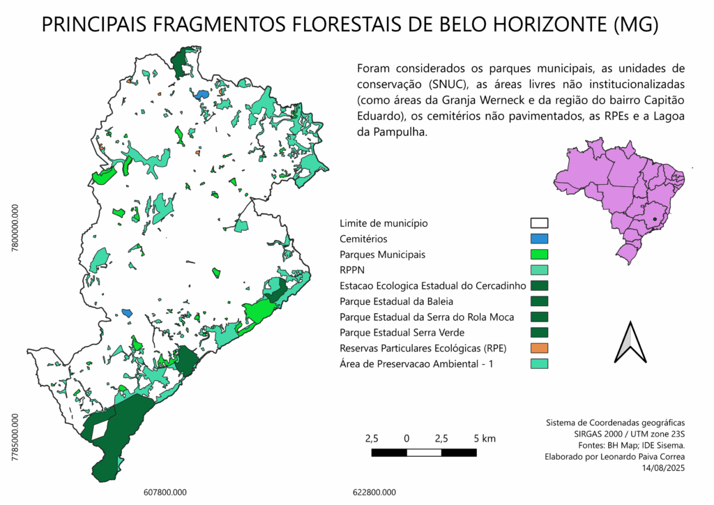 Mapa dos fragmentos florestais de BH
