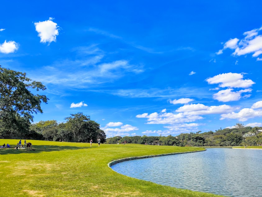 Gramado verdejante e lago do Parque Ecológico da Pampulha - BH.